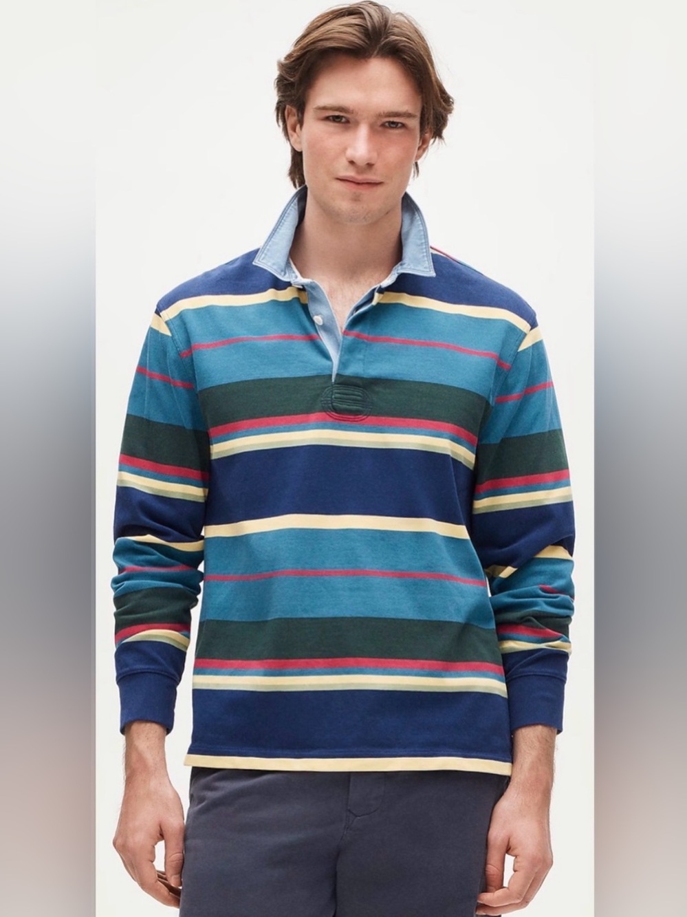 J. Crew Rugby shirt in stripe with denim collar Men’s size Large Brand New
